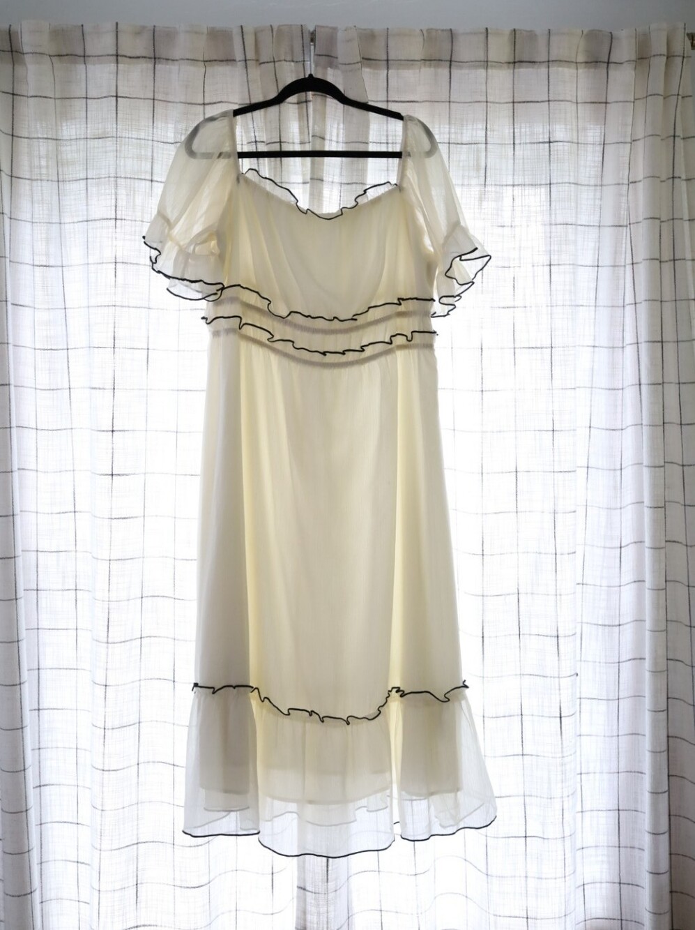 Cream Midi Dress with Black Trim Ruffles